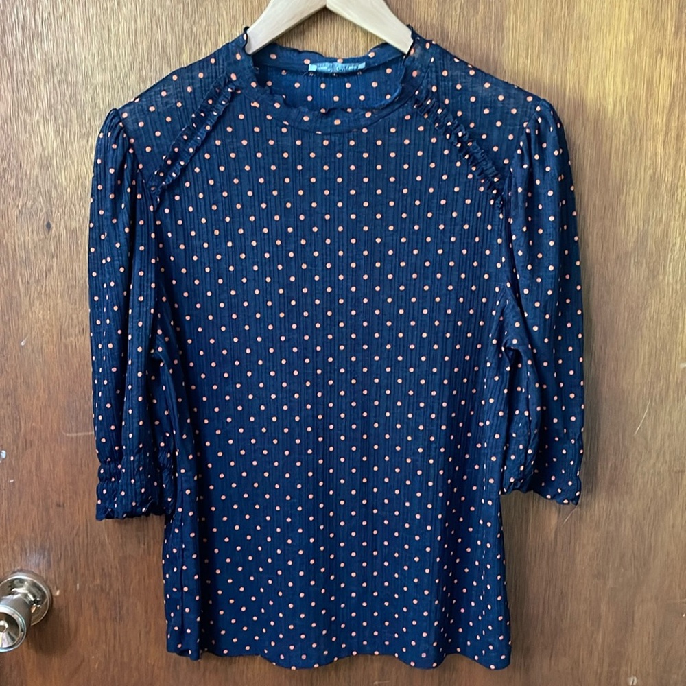 Zara navy orange polka dot blouse top